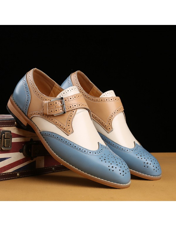 Men's shoes British stitching block carved leather shoes breathable lace up color matching business casual wedding shoes men's one hair substitute 