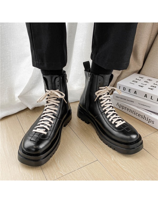 Black Martin boots men's high top British style medium top leather trendy shoes tooling thin in winter locomotive Leather Boots Men