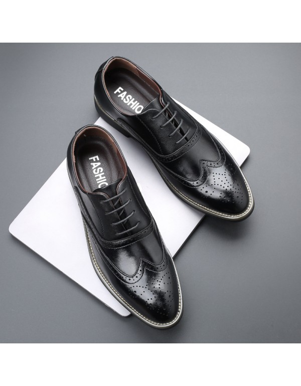 Remblock carved pointed leather shoes black and white stitched business leather shoes men's foreign trade large leather shoes 