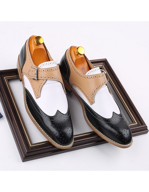 Men's shoes British stitching block carved leather shoes breathable lace up color matching business casual wedding shoes men's one hair substitute 
