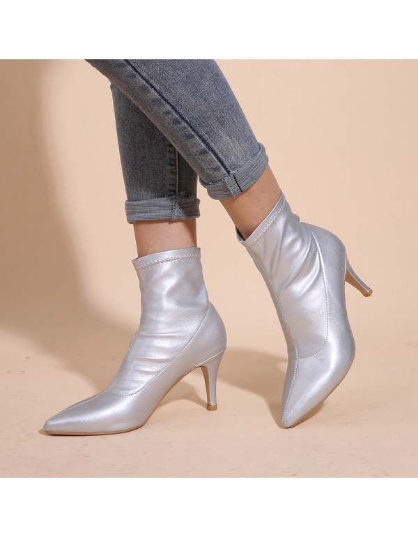 Europe station quick selling through pointed thin heel cool boots women's 2021 new thin boots middle tube silver shallow mouth fashion single boots 