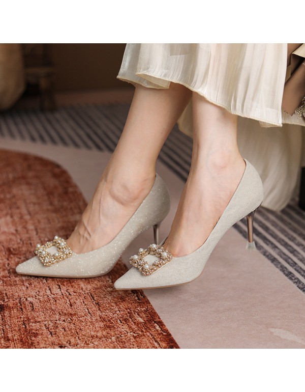 999-9 sheepskin high heels women's new wedding shoes in autumn 2021 women's pointed Xiuhe wedding dress bridesmaid's thin heel shoes 