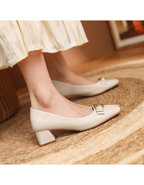 332-28 sheepskin work shoes soft leather 2021 spring and autumn new thick heels high heels small fragrance temperament square head single shoes 