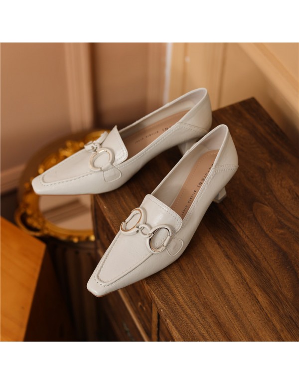 9318-7 super soft sheepskin small square head high heels women's thick heel retro temperament single shoes can step on heels and wear metal buttons 