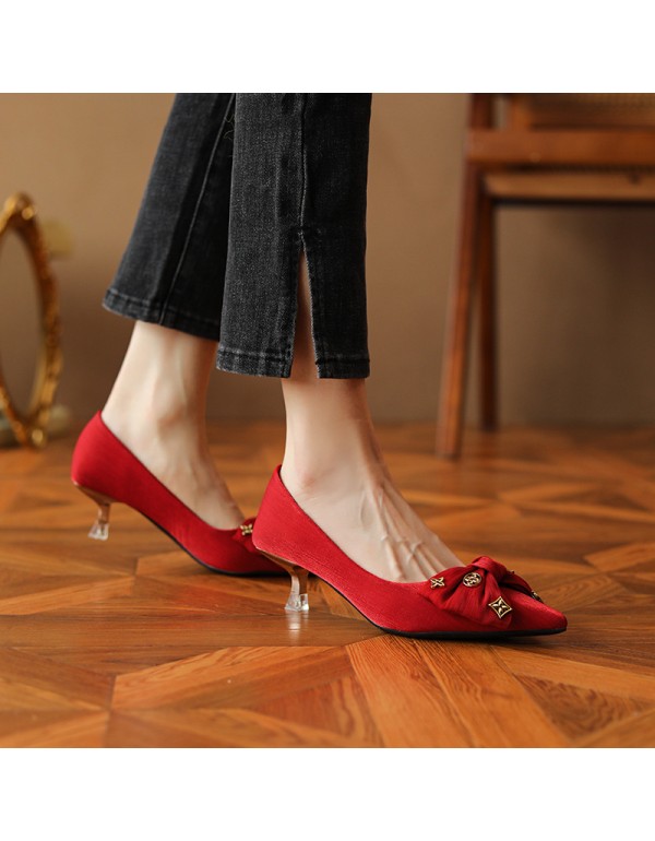 336-12 French high heels women's pointed thin heels bow knot low heels Kitten Heel single shoes sheepskin temperament wedding shoes 