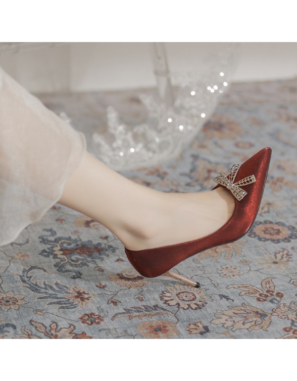 3709-18 wedding shoes bride shoes autumn and winter new Rhinestone bow single shoes red thin heel pointed high heels 
