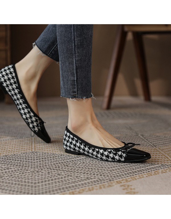 877-1 retro thousand bird lattice bow tie women's low heel shallow mouth single shoe 2021 autumn and winter new flat bottom small square head 