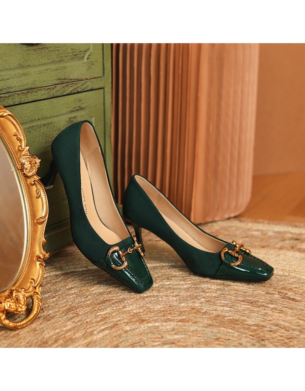 166-31 dark green high-heeled shoes women's thin heel square head splicing shallow sheepskin metal buckle single shoes design sense of minority 