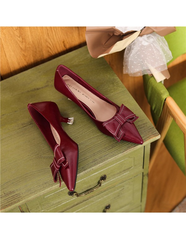 3186-3 sheepskin French retro romantic high heels women's pointed thin heel bow single shoes shallow mouth 2021 autumn 