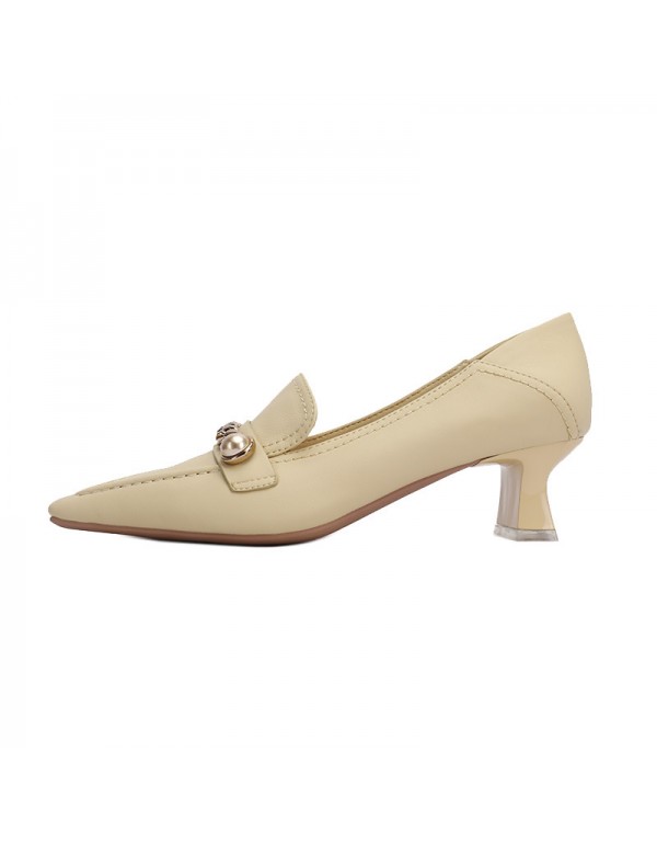 9318-10 sheepskin small square head high heels women's thick heel soft leather pearl chain French retro single shoes can step on heels 