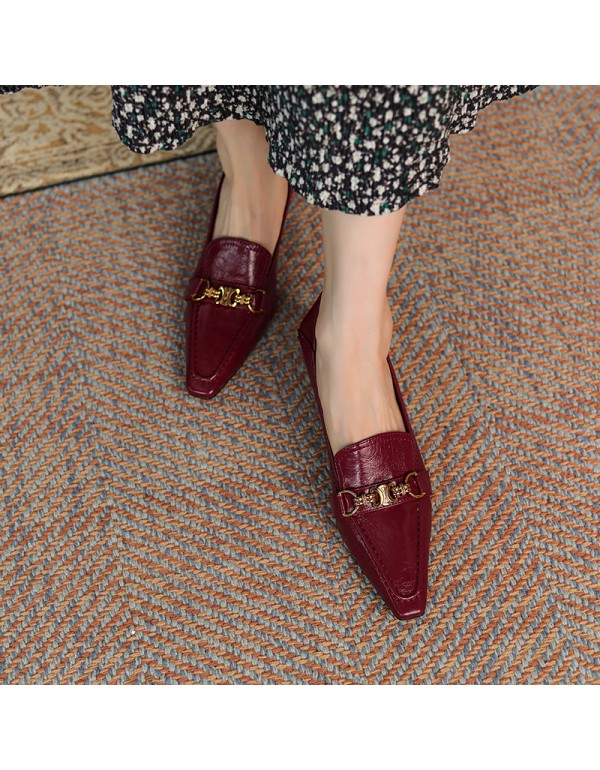 9318-6 sheepskin small square head high heels women's thick heel single shoes French retro metal buckle two wear, can step on heels in autumn 