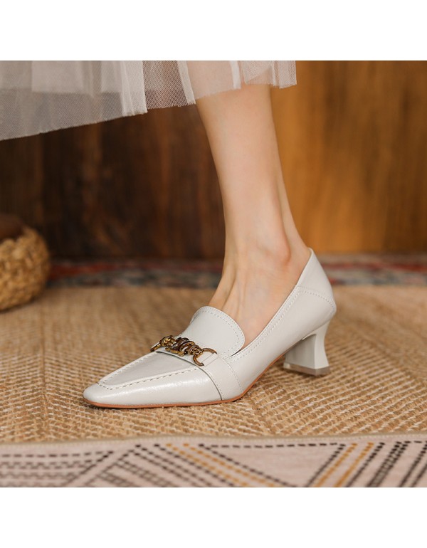 9318-6 sheepskin small square head high heels women's thick heel single shoes French retro metal buckle two wear, can step on heels in autumn 