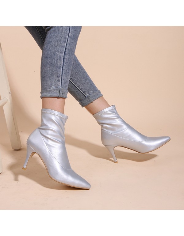 Europe station quick selling through pointed thin heel cool boots women's 2021 new thin boots middle tube silver shallow mouth fashion single boots 