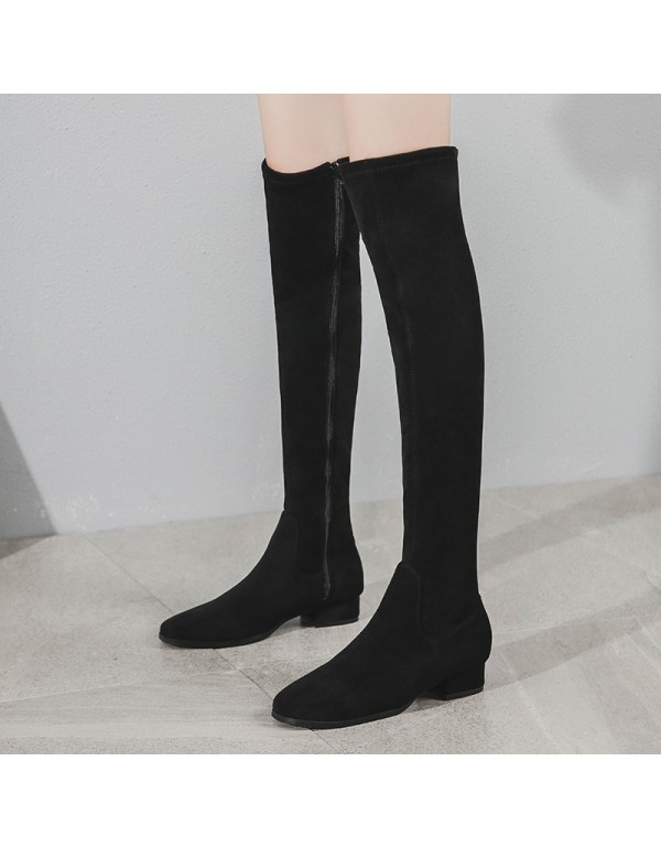 2021 winter new Korean version suede Pro skin Plush knee stretch fashion short heel side zipper women's boots square head 