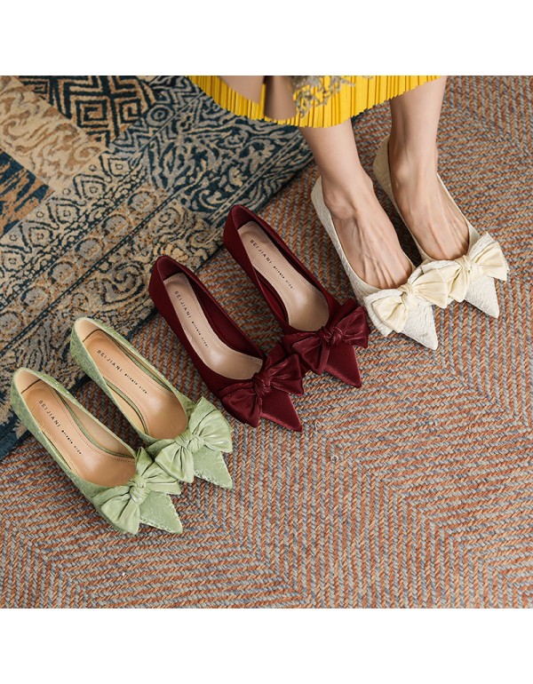 3186-6 sheepskin satin bow high heels women's pointed thin heel medium heel single shoes French retro 2021 autumn 