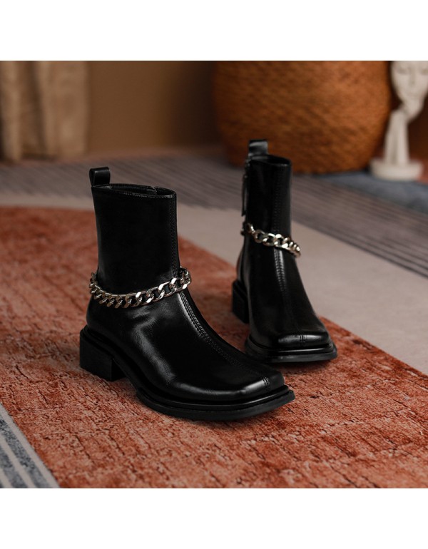818-2ins super fire ~ square head metal chain short boots women's 2021 autumn and winter new side zipper fashion boots soft leather 