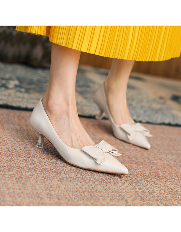 3186-3 sheepskin French retro romantic high heels women's pointed thin heel bow single shoes shallow mouth 2021 autumn 