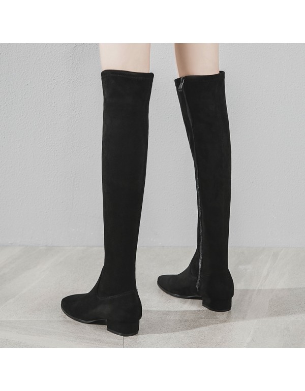 2021 winter new Korean version suede Pro skin Plush knee stretch fashion short heel side zipper women's boots square head 