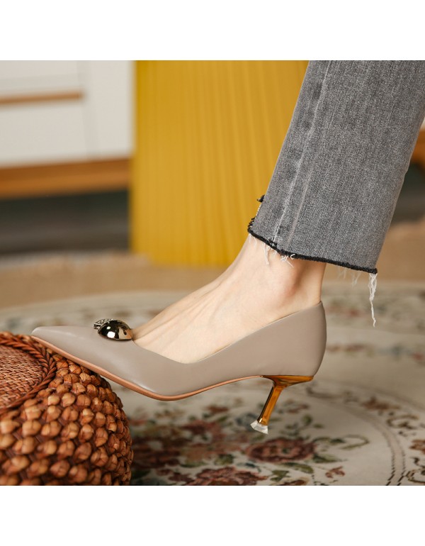 175-5 Brown love round buckle high heels women's thin heel side empty net red pointed shallow mouth single shoes spring style 