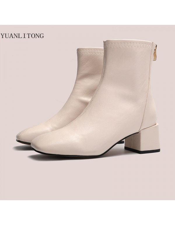 Autumn and winter 2022 new net red thin boots square head Plush middle tube thick heel zipper small shoes fashion women's Boots