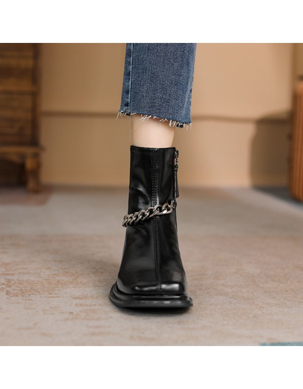 818-2ins super fire ~ square head metal chain short boots women's 2021 autumn and winter new side zipper fashion boots soft leather 
