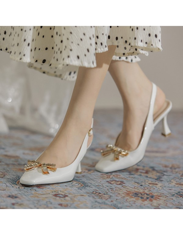 9693-b35 Baotou back empty sandals women's 2021 summer new sweet Feng Shui diamond bow French high heels 