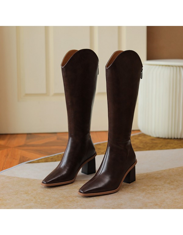 756-13 western cowboy boots women's thick heel below knee high Knight boots small man zipper wooden heel after autumn and winter 