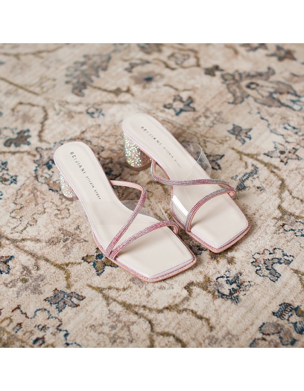 2793-5 transparent Rhinestone flip flops medium heel thick heel diamond inlaid sandals women's high heels wear out 2021 summer new style 