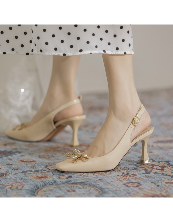 9693-b35 Baotou back empty sandals women's 2021 summer new sweet Feng Shui diamond bow French high heels 