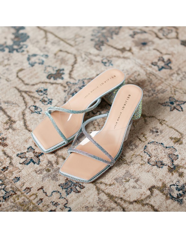 2793-5 transparent Rhinestone flip flops medium heel thick heel diamond inlaid sandals women's high heels wear out 2021 summer new style 