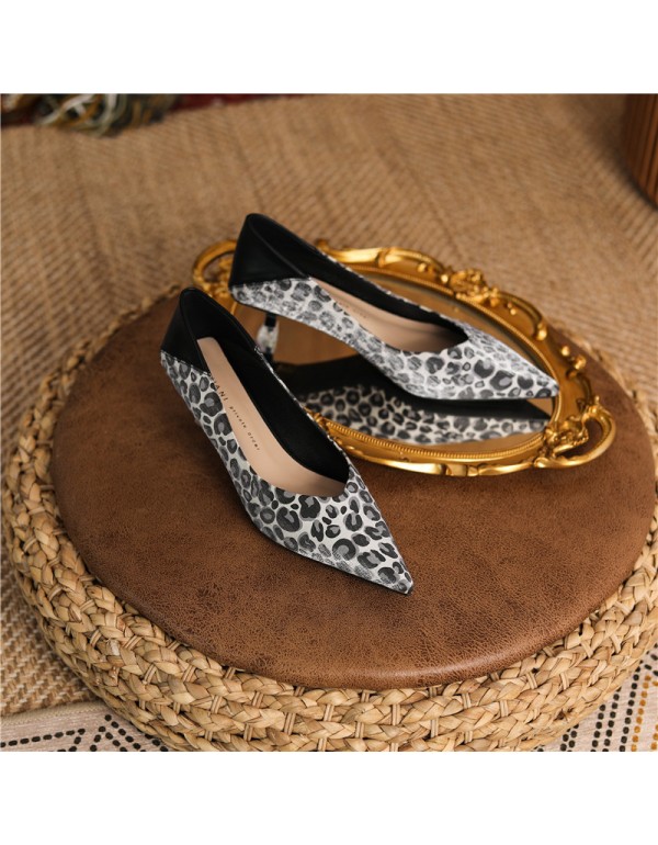 336-2 sheepskin leopard high heels women's pointed thin heels middle heel single shoes 2021 spring and autumn retro minority design 