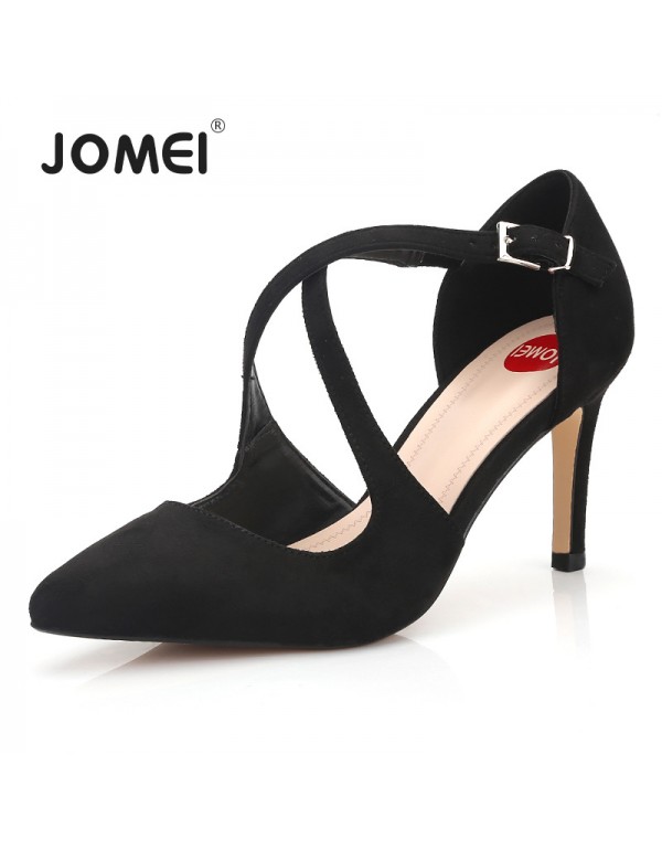 New European and American single shoes women's fashion cross belt hollow single shoes simple fashion high heels thin heel pointed women's shoes trend 