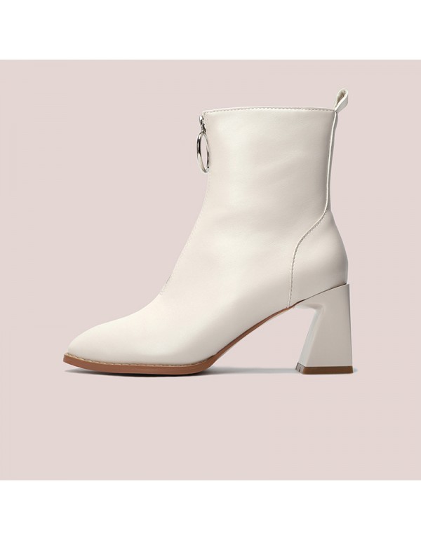 2022 winter new style square head front zipper high-heeled women's boots thick heel Zhongbang fashion pure color casual women's shoes