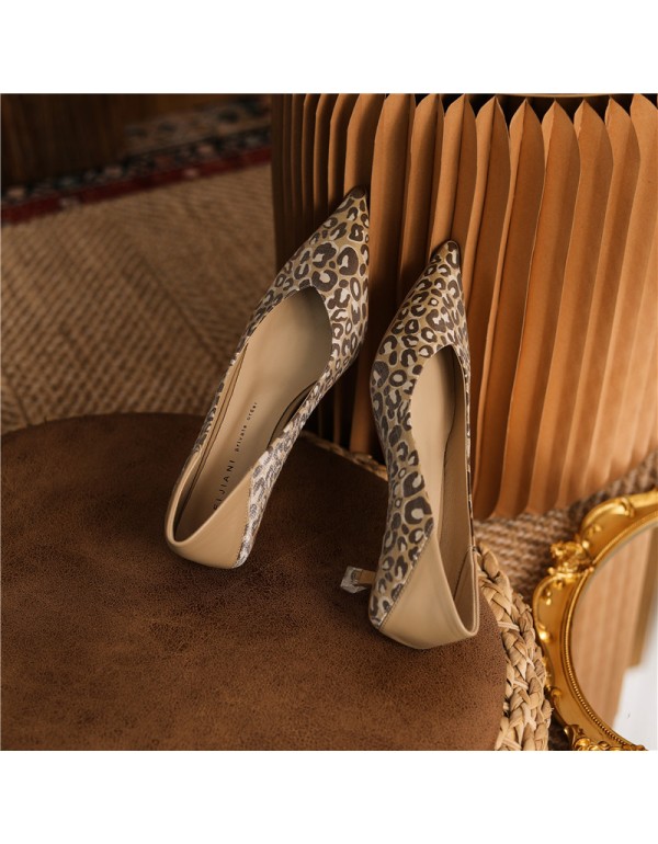 336-2 sheepskin leopard high heels women's pointed thin heels middle heel single shoes 2021 spring and autumn retro minority design 