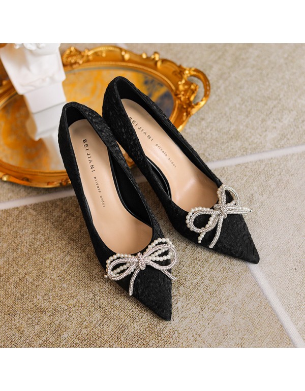 999-11 Satin Pearl Rhinestone bow high heels women's pointed thin heel shoes temperament Bridesmaid shoes wedding shoes autumn 