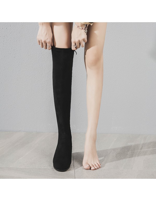 2021 winter new Korean version suede Pro skin Plush knee stretch fashion short heel side zipper women's boots square head 