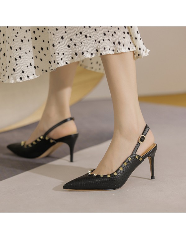 2669-152021 summer new women's shoes thin heel pointed fashion single shoes European and American rivet back empty high-heeled sandals 