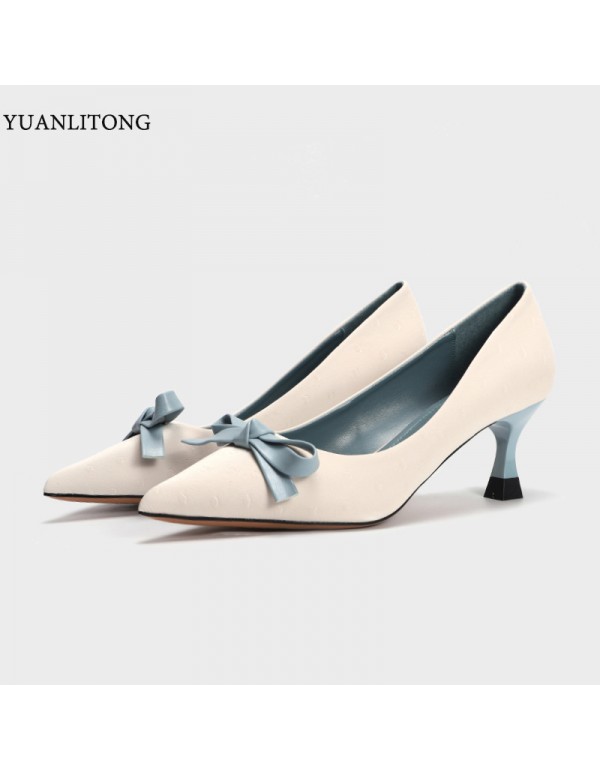 Spring 2022 new fashion bowknot pointed thin heel low top solid color daily leisure high-heeled fashion women's shoes