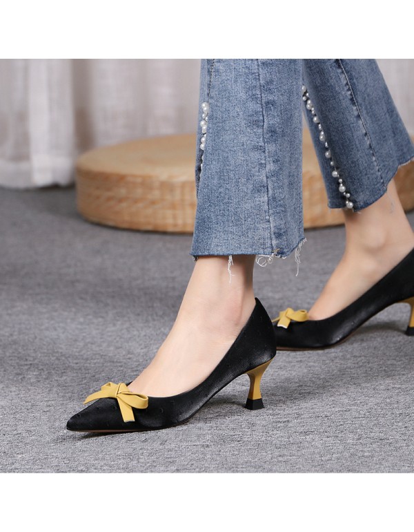 Spring 2022 new fashion bowknot pointed thin heel low top solid color daily leisure high-heeled fashion women's shoes