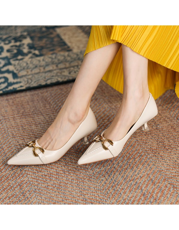 3186-5 sheepskin French Retro High Heels women's pointed thin heel medium heel single shoes metal buckle 2021 autumn new 