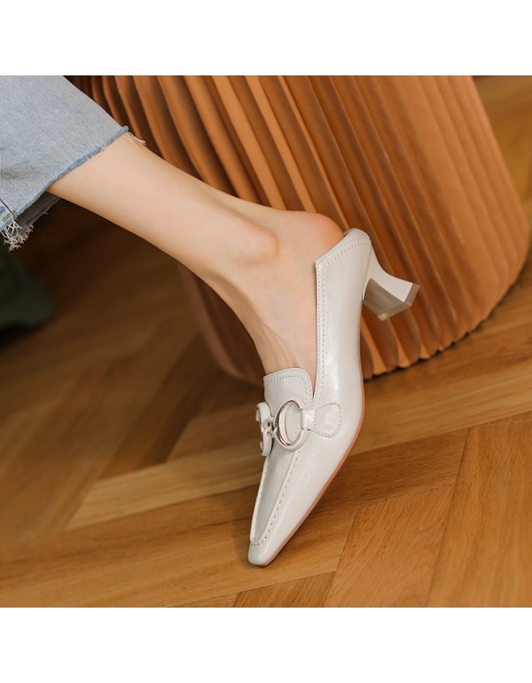9318-7 super soft sheepskin small square head high heels women's thick heel retro temperament single shoes can step on heels and wear metal buttons 