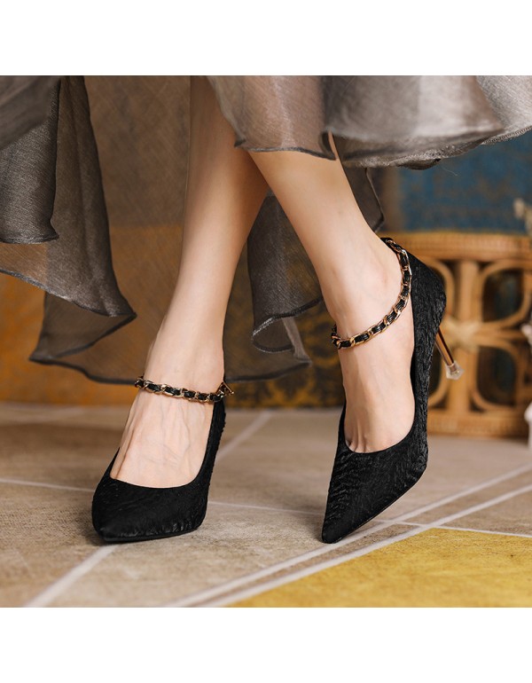 999-3 Satin solid color high-heeled shoes women's pointed thin heel flat buckle sheepskin single shoes temperament black work shoes 