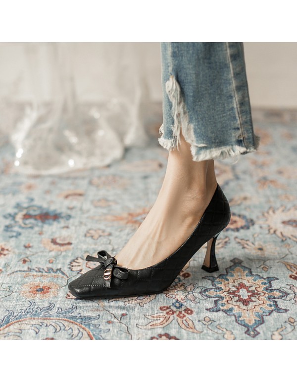 2021 new style square head shallow mouth high heels white Lingge bow cat heels business casual fashion women's single shoes 