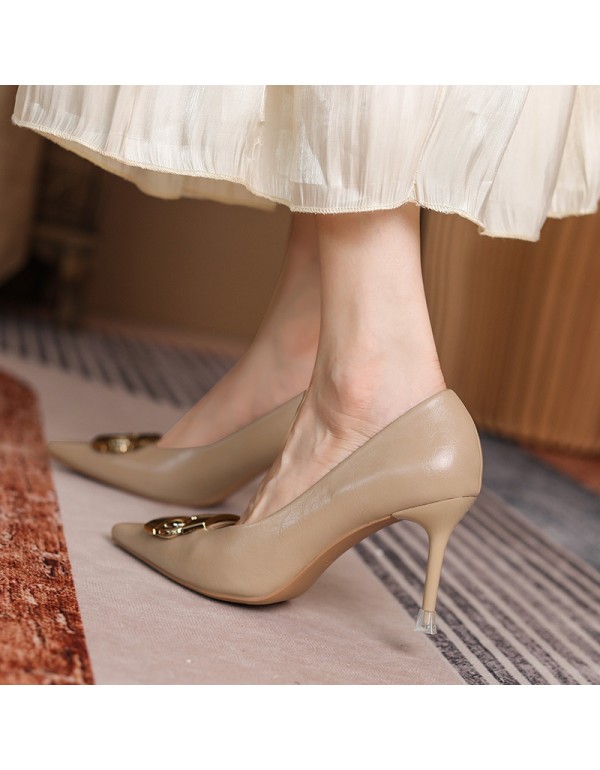 999-18 pointed metal buckle high heels fall 2021 new French thin heel professional commuting temperament fashion single shoes 