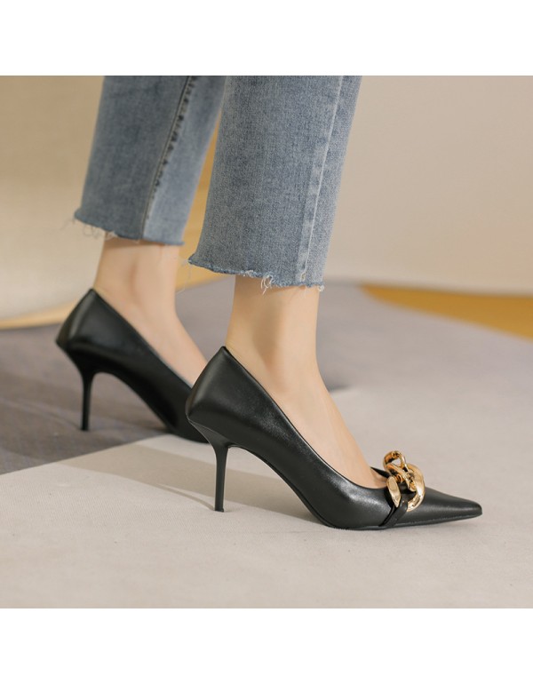 3212-3 single shoe women's 2021 spring and summer new European and American metal chain thin heel pointed fashion shoes professional high heels 