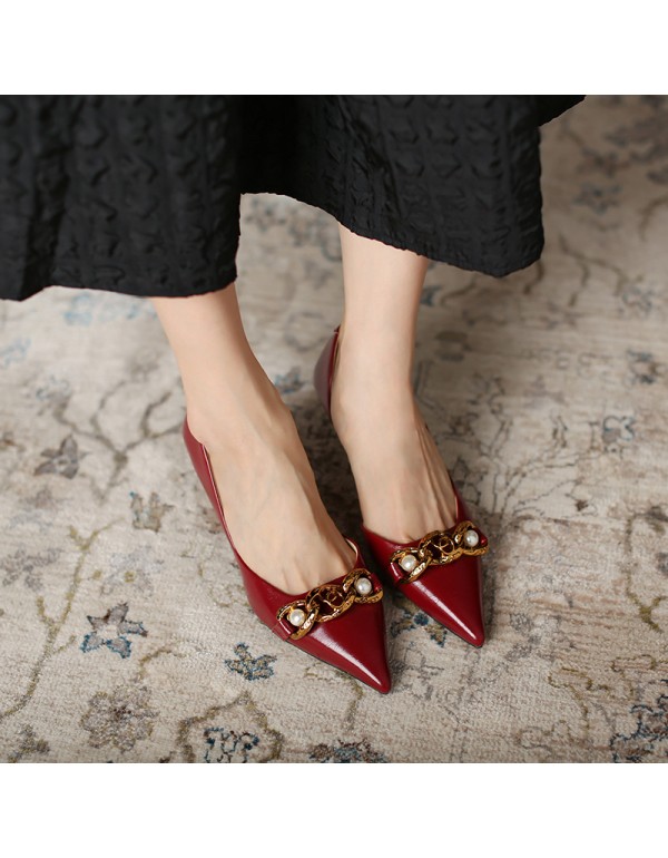 175-a1 French vintage wine red high heels women's pointed side empty thin heel single shoes side empty metal pearl buckle 