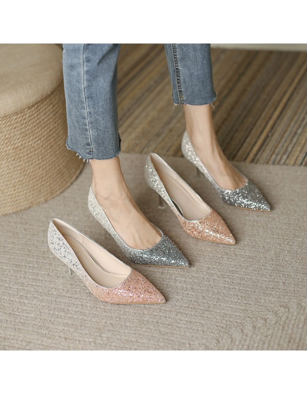 2021 autumn new versatile Sequin showsuit high sense crystal wedding shoes bride shoes high heels thin heels French style 