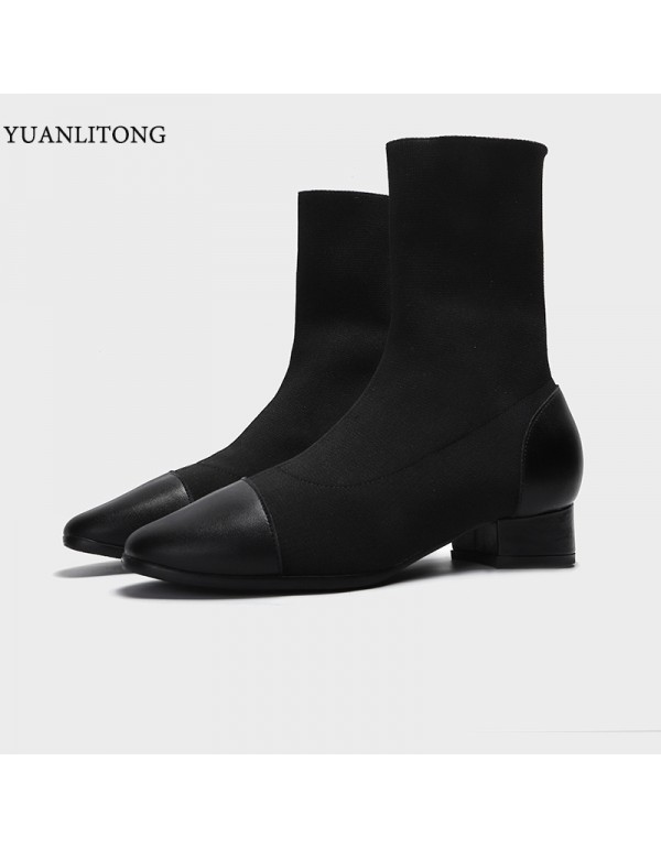 2022 autumn and winter fashion new Korean leisure low heel middle tube splicing knitted wool thick heel square head fashion women's Boots
