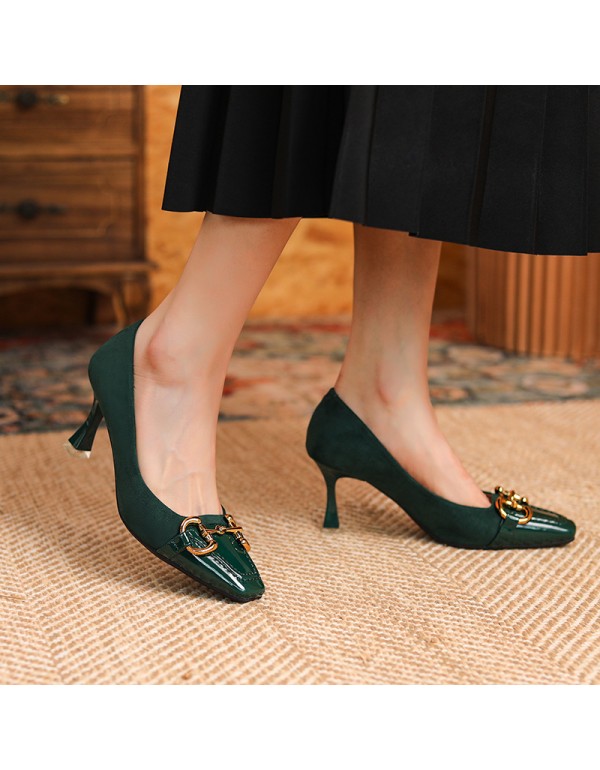 166-31 dark green high-heeled shoes women's thin heel square head splicing shallow sheepskin metal buckle single shoes design sense of minority 
