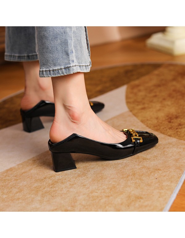 332-26 soft sheepskin square head high-heeled shoes women's thick heel metal decoration 2021 spring and autumn single shoes with two treadable heels 